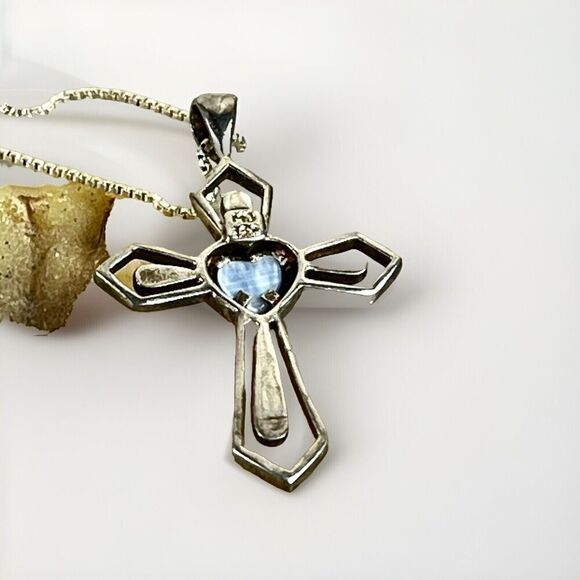 Sterling Silver FACETED STONE CROSS w Center Stone Pendant 925 MO & Necklace VTG - Picture 4 of 14
